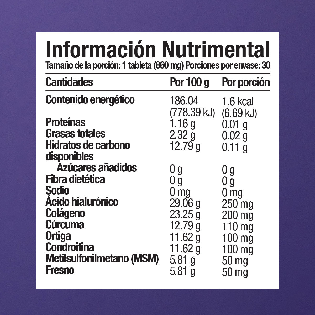 Ácido Hialurónico - Colágeno, Cúrcuma y Ortiga - 30 Tabletas de 860 mg