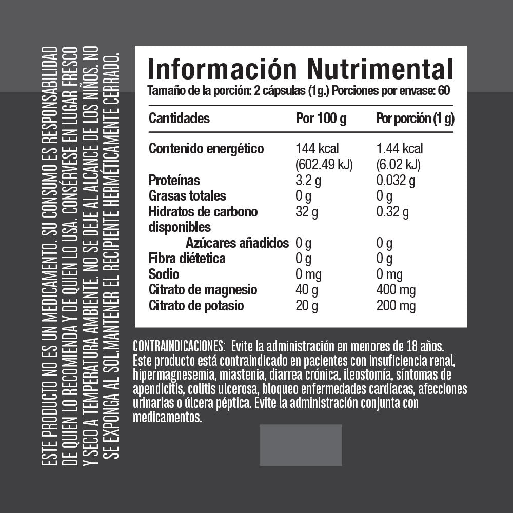 Citrato de Magnesio + Citrato de Potasio 120 cápsulas - Tienda Kukamonga