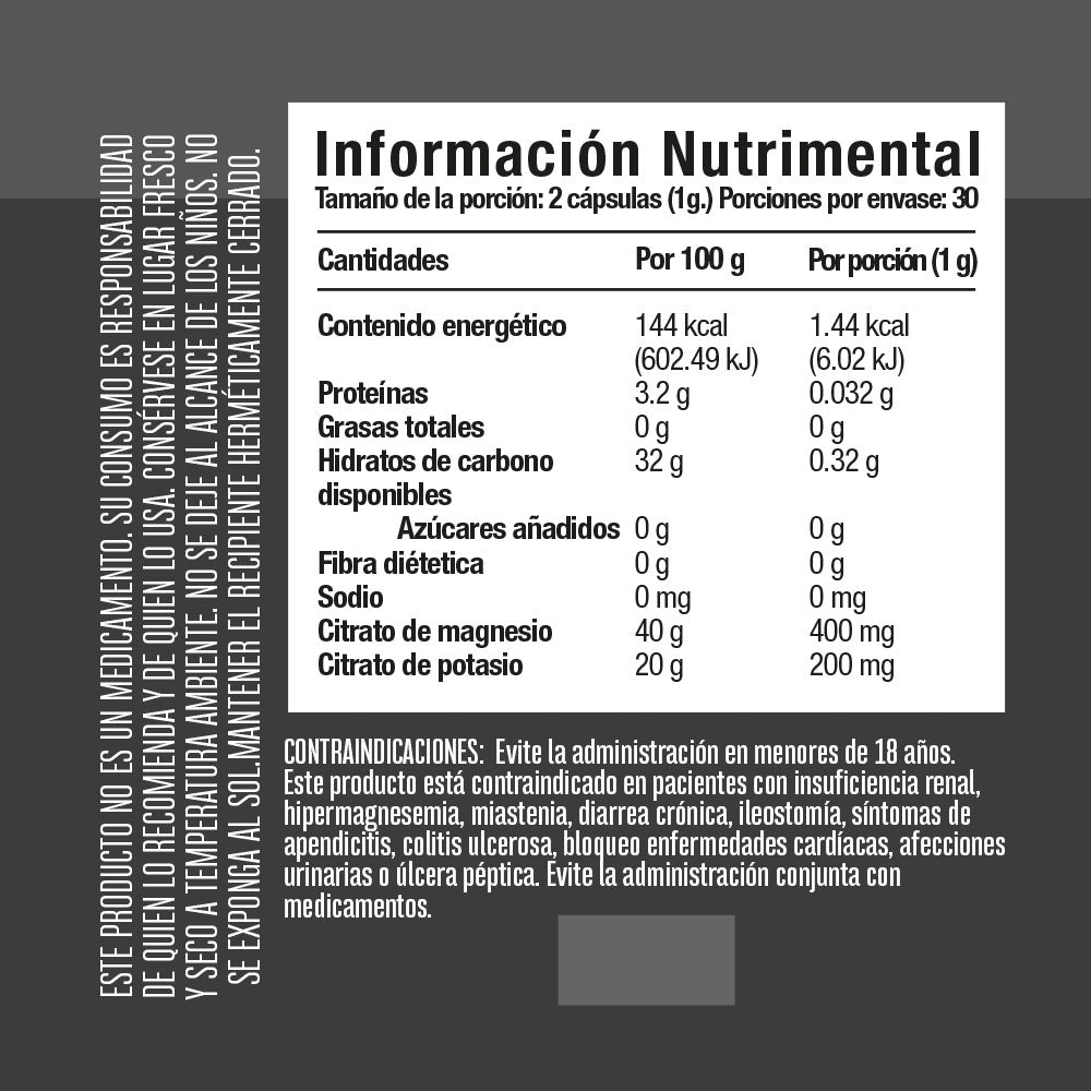 Citrato de Magnesio + Citrato de Potasio 60 cápsulas - Tienda Kukamonga